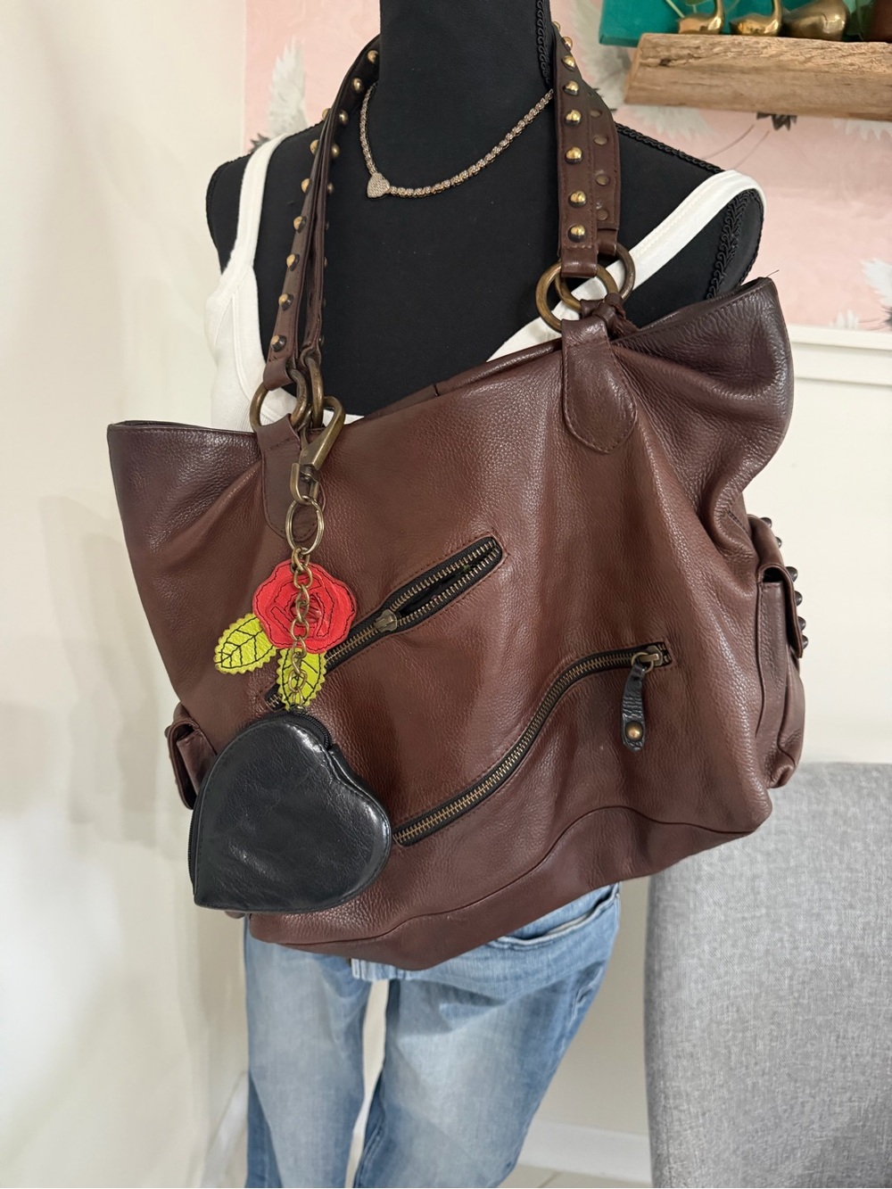 Betsey Johnson Brown Leather Heart Bowler Hobo Bag Large Studded - Picture 1 of 16